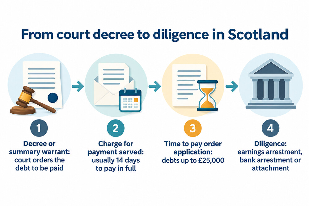 How diligence moves from a court decree to enforcement, and where a time to pay order can stop it
