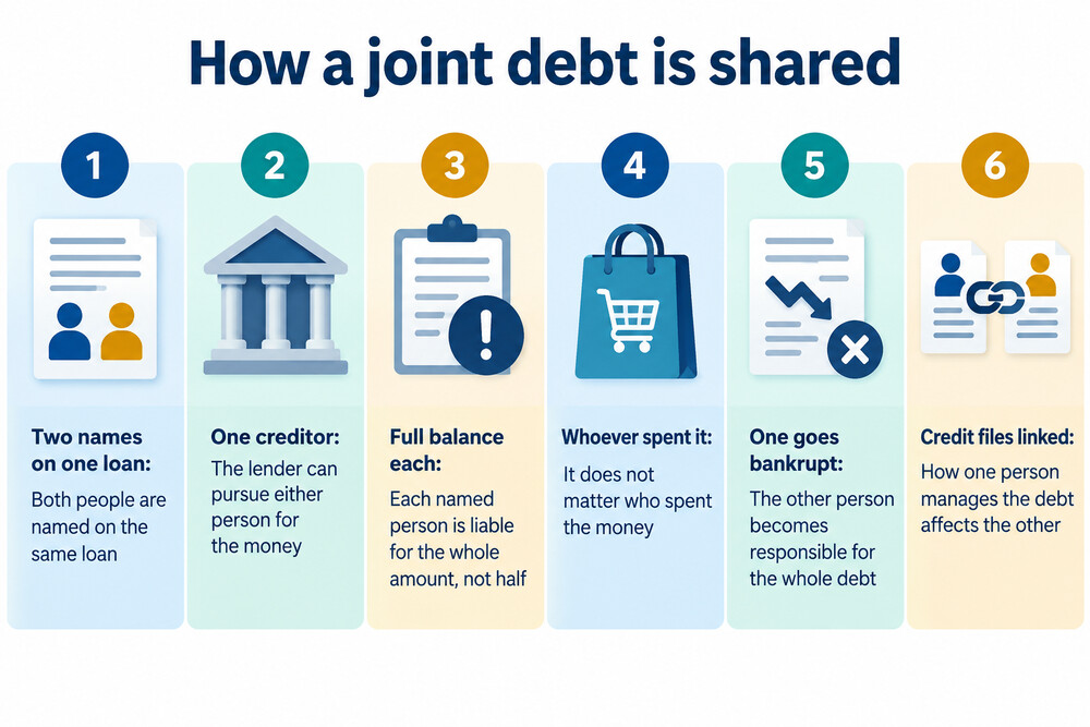 A simple diagram showing two names on one loan and one creditor able to pursue either person for the full balance