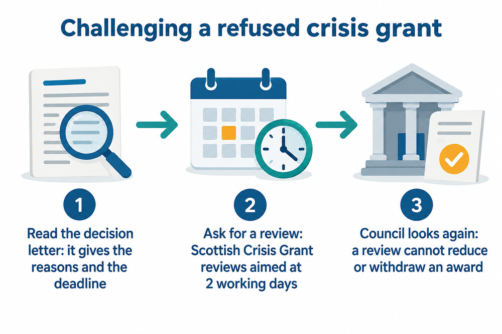 A step-by-step diagram of how to challenge a refused crisis grant