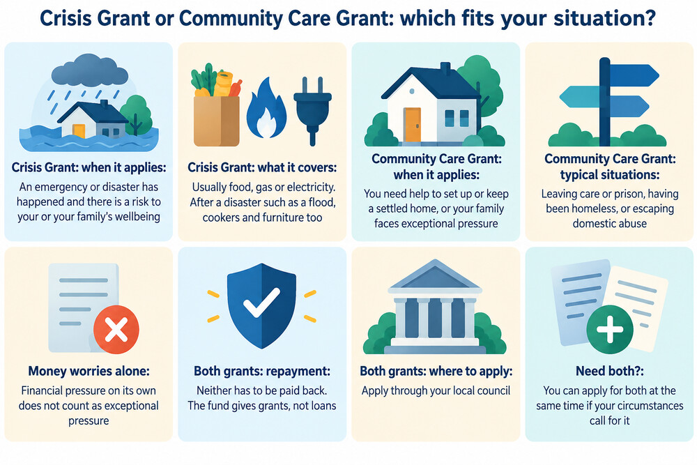 A side-by-side comparison card showing when a Crisis Grant fits and when a Community Care Grant fits