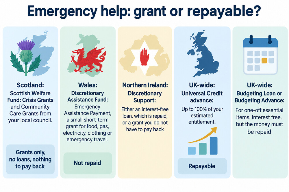 A simplified map of the UK showing which emergency help scheme operates in each nation