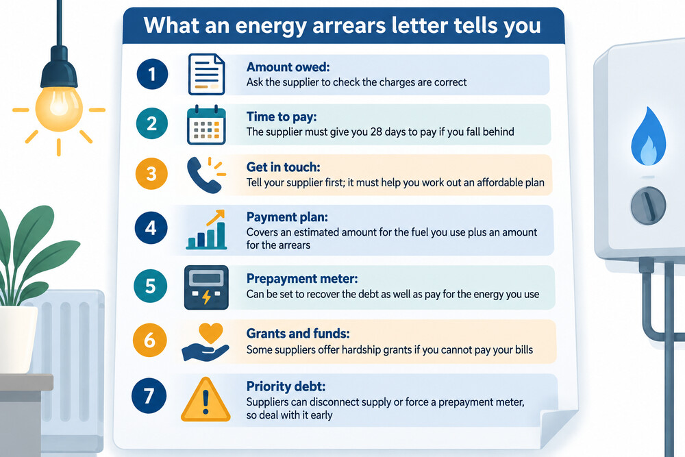 A household opening an energy bill letter at a kitchen table, with a phone nearby to call the supplier