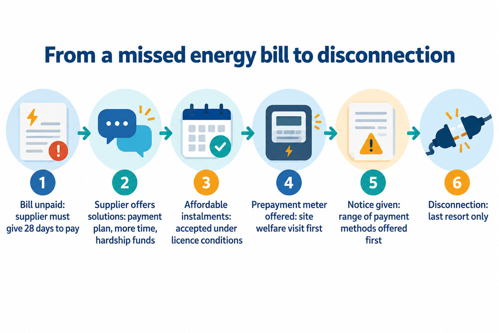 How energy arrears move from a missed bill towards disconnection, with the protections at each stage