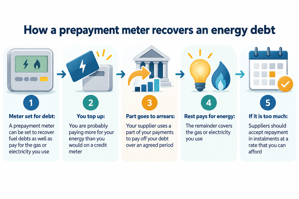 A prepayment meter showing a small emergency credit balance, with a top-up key beside it