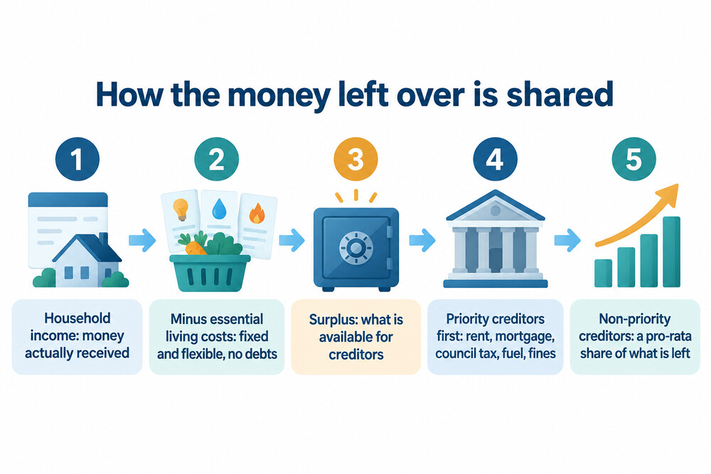 How a monthly surplus is shared between priority and non-priority creditors