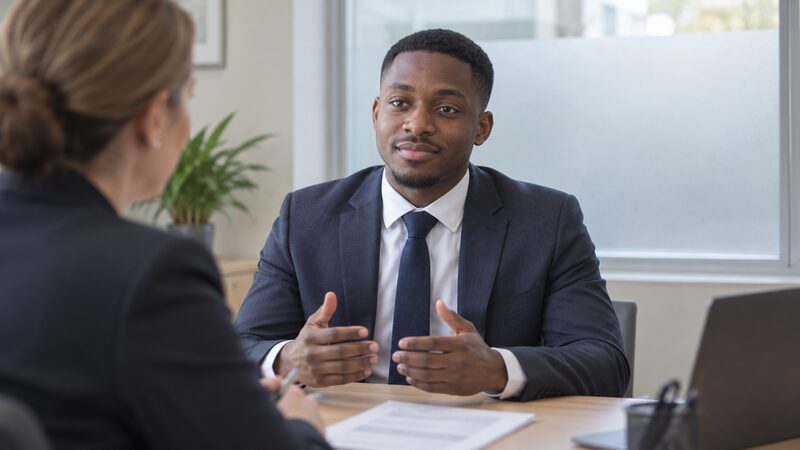 A man sits across a desk from a lender's staff member in a branch interview room.