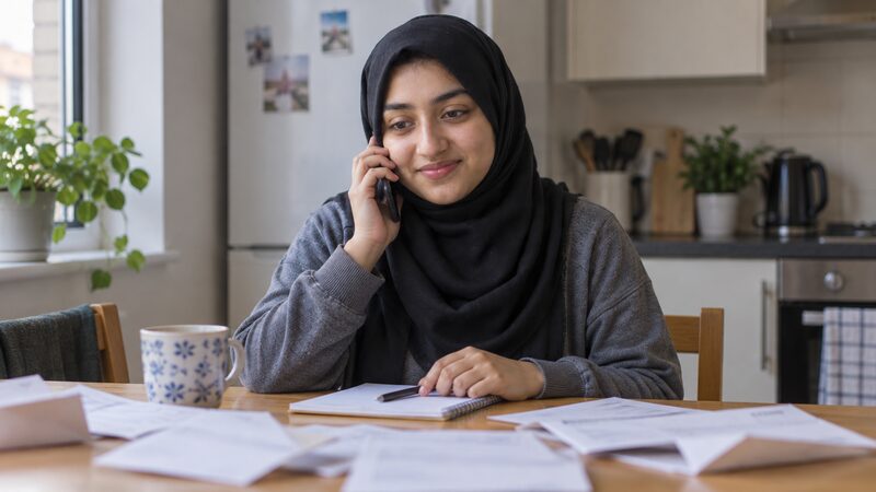 A person on the phone to a debt advice helpline, with paperwork about bills and debts on the table in front of them