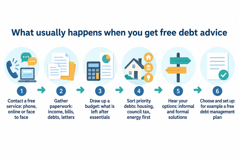 diagram showing the usual steps from first contact with a free debt adviser to choosing a solution
