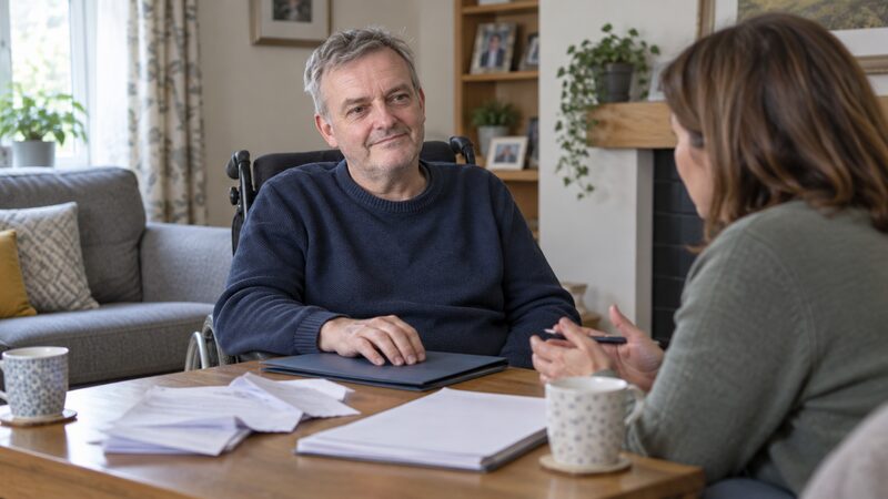 A man in a wheelchair sits at a coffee table with an adviser and mortgage letters.