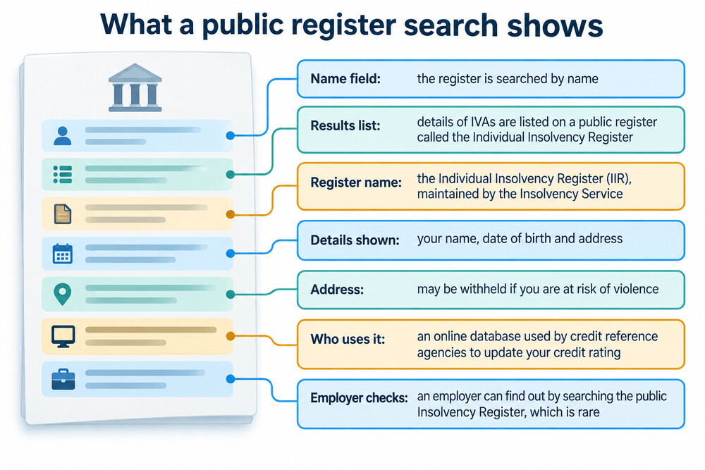 A screenshot-style view of a public register search page, with a name field and a results list