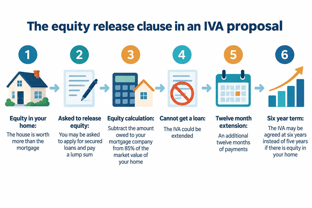 A page from an IVA proposal showing the equity release clause and the twelve month extension fallback