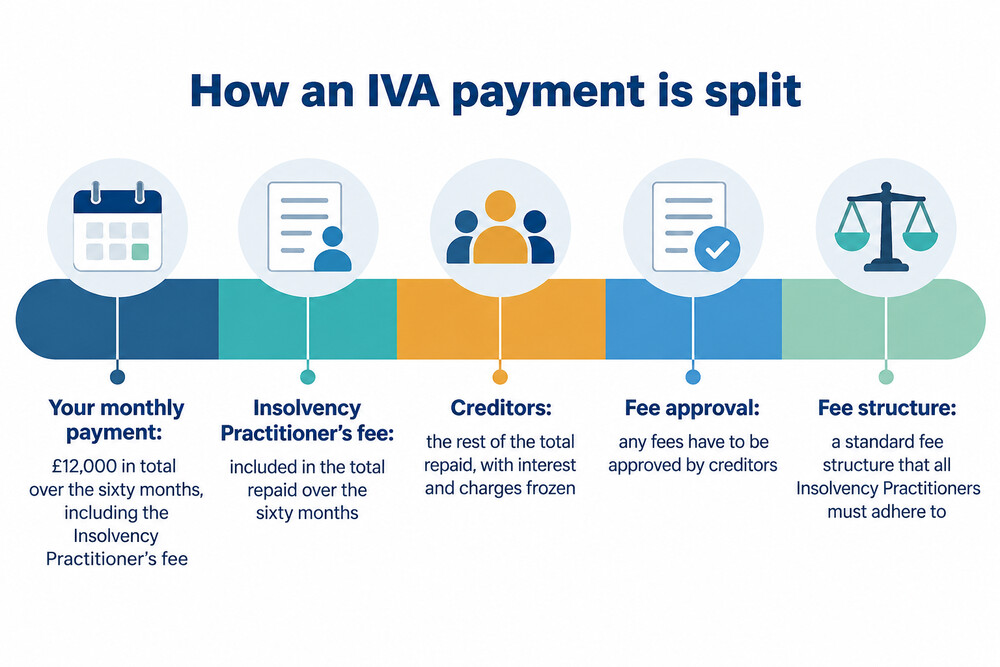 A diagram showing how an IVA payment is split between creditors and the insolvency practitioner's fee