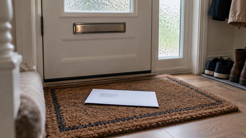 An unopened envelope lies on a doormat inside a front door in morning light.