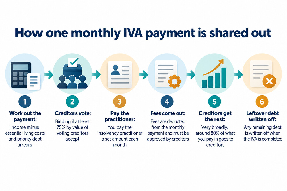 A simple diagram showing one monthly payment from a person being divided between an insolvency practitioner and several creditors