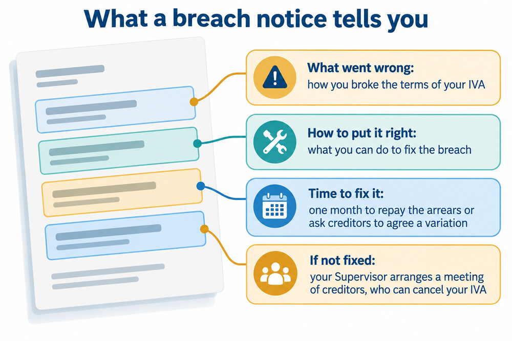 A letter from an insolvency practitioner headed notice of breach, with sections for what went wrong and how long you have to fix it