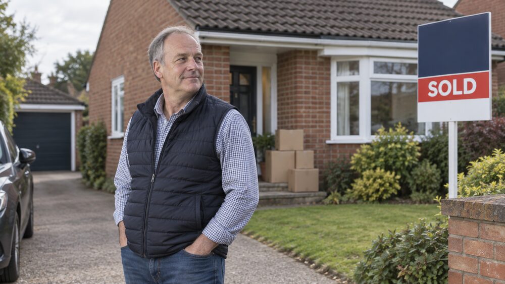 A man stands at the end of a driveway looking back at his house, with a sold board and moving boxes.