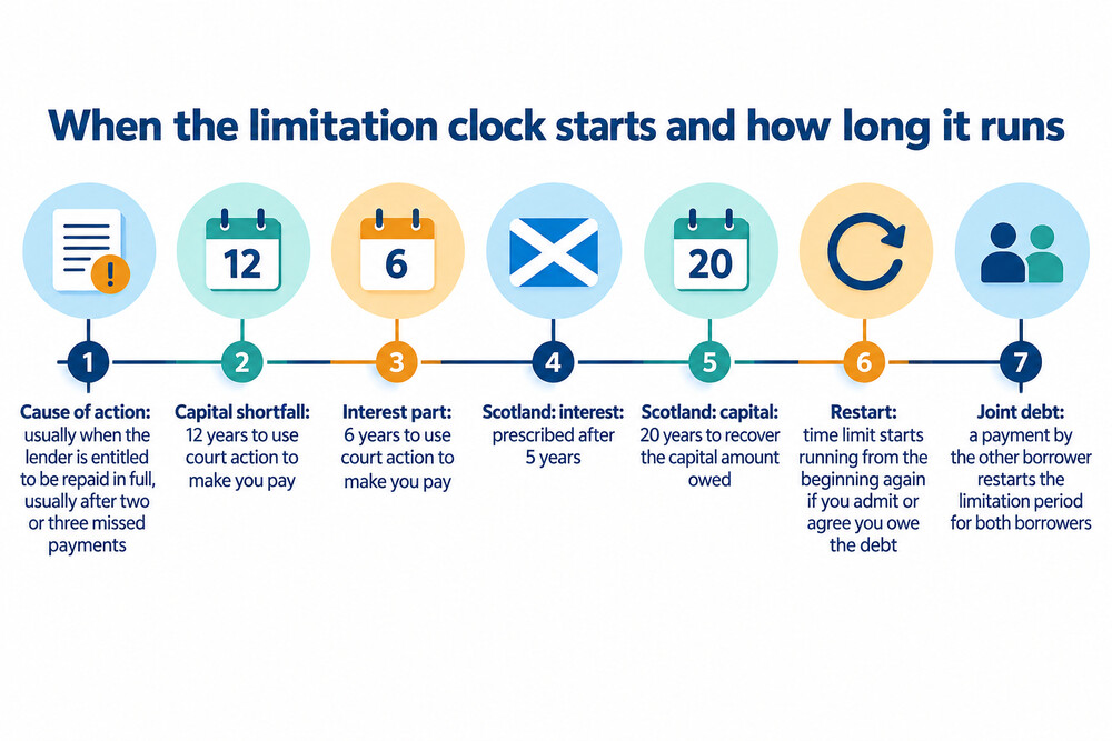 A timeline showing when the limitation clock starts and how the 12-year and six-year periods run