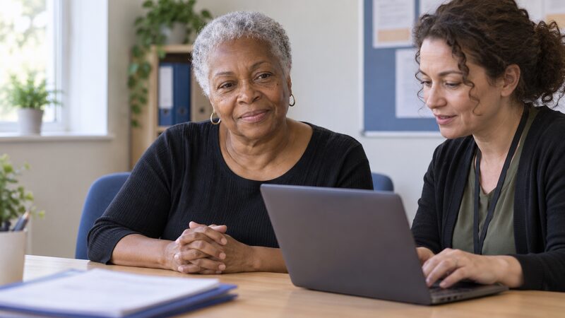A woman sits beside an adviser at a desk while hands rest on a laptop keyboard.