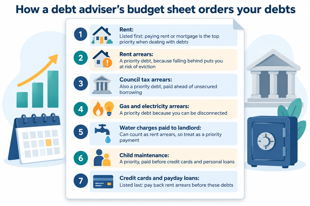 A household budget worksheet showing rent at the top of the list of bills, ahead of credit card and loan payments