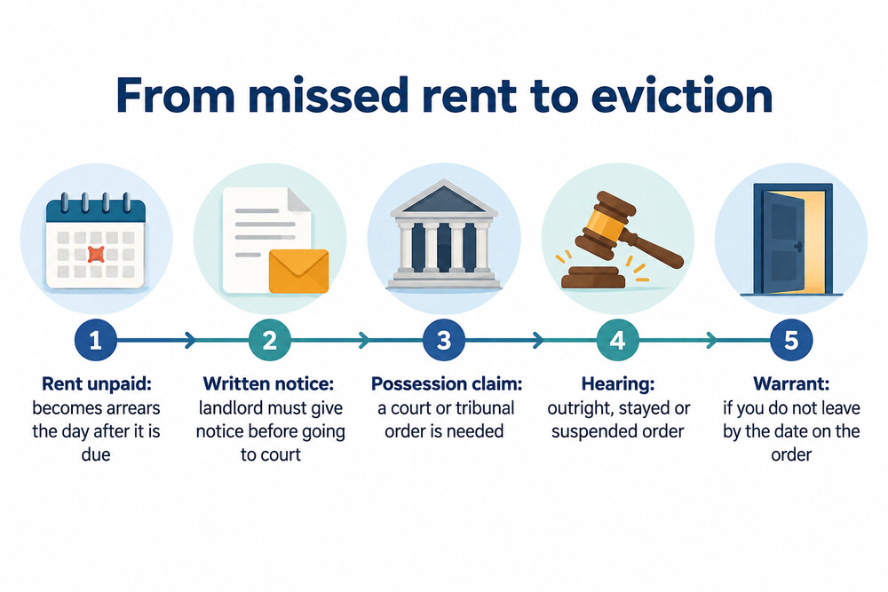 A timeline from missed rent to possession hearing and eviction