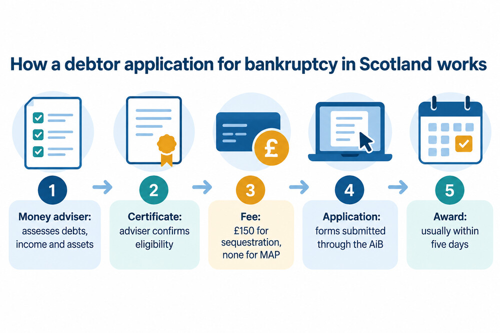 The steps from first contacting a money adviser to a bankruptcy being awarded