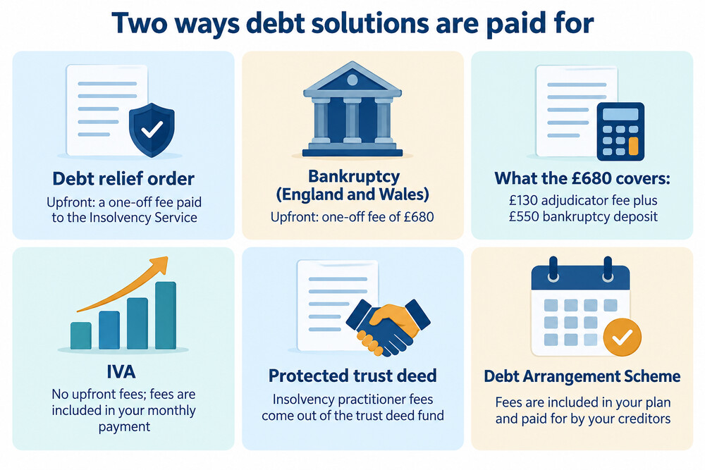 A simple chart sorting debt solutions into those with a one-off fee, those with fees built into payments, and those that are free