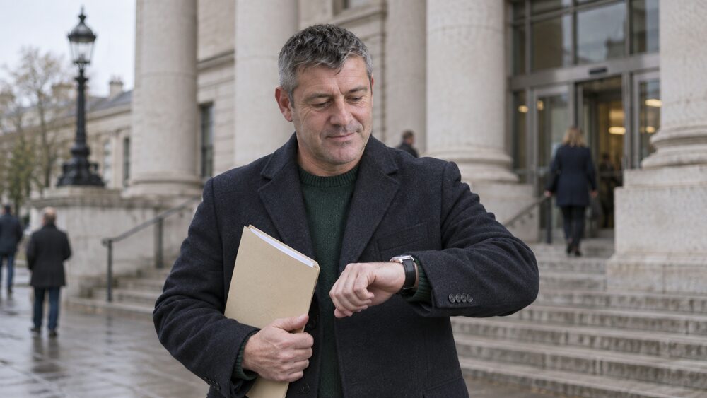 A man in a coat stands outside a county court checking his watch, with a folder under his arm.