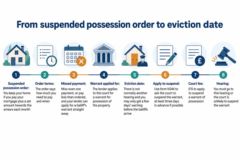 A timeline showing a suspended possession order, a missed payment, a warrant being issued and an eviction date