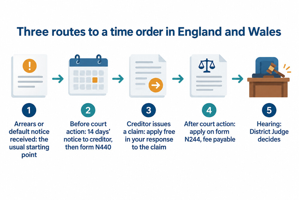 A flow of the three routes to a time order in England and Wales, from arrears notice to hearing