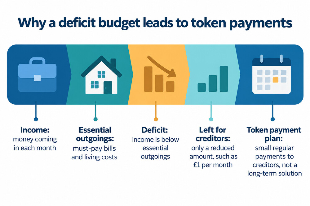 A budget with income below essential outgoings, showing why only a token amount is left for creditors