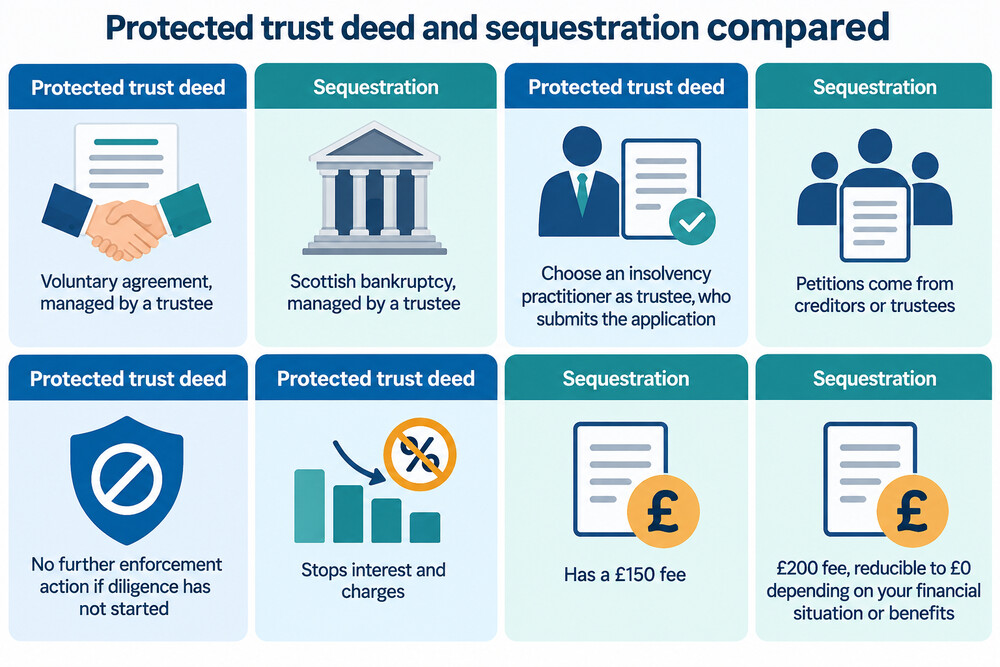 A simple side-by-side comparison of a protected trust deed and sequestration, showing who manages each, how it starts and what it stops