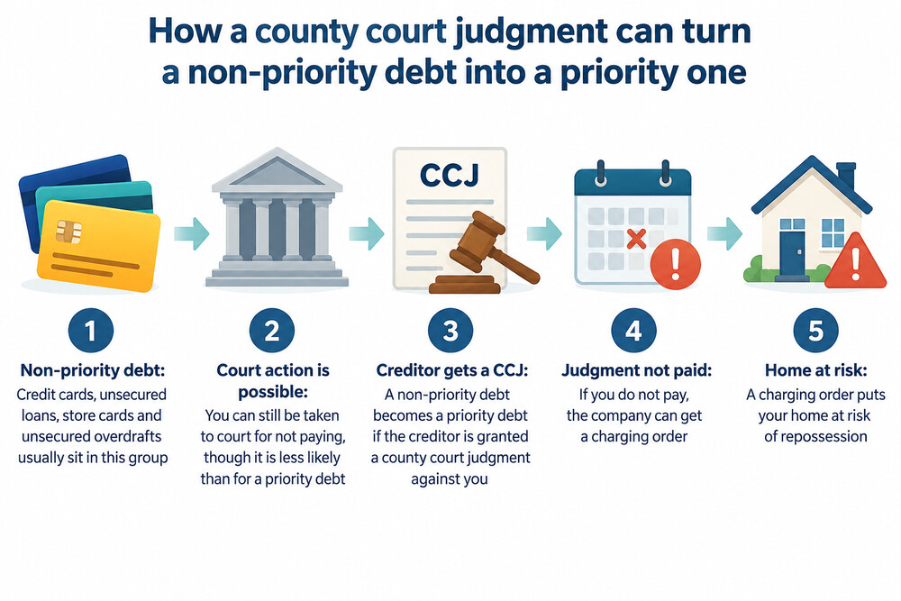 A county court judgment letter opened on a kitchen table, with a calendar and pen beside it