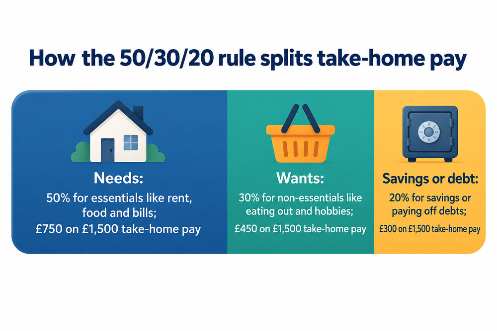 A pie chart splitting a month's take-home pay into three slices: half for essentials, thirty per cent for non-essentials and twenty per cent for savings and debt