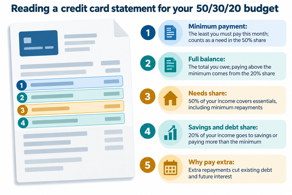 A credit card statement highlighting the minimum payment due, with a second figure showing a larger payment the cardholder has chosen to make