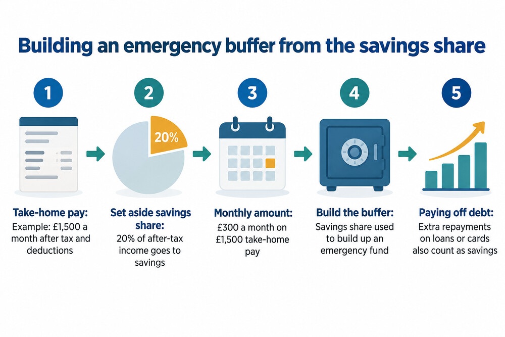 A jar of savings growing month by month, labelled with rent, bills and food, showing a buffer building towards a few months of essential costs