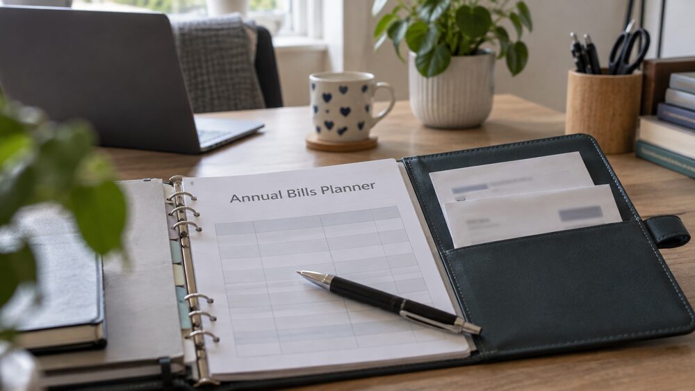 A woman pins a blank wall calendar in her hallway beside a table with an envelope and calculator.