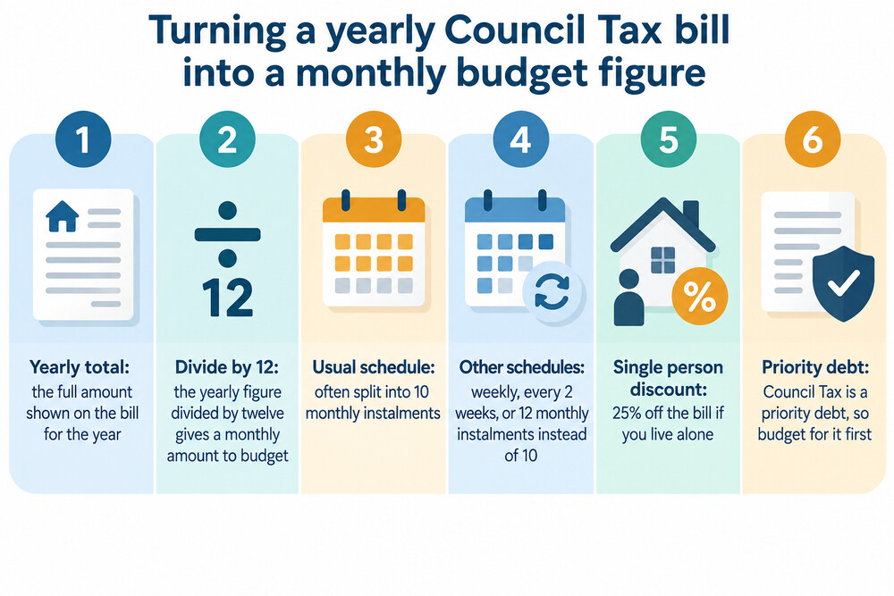 A Council Tax bill with the yearly total circled and a line showing it divided by twelve