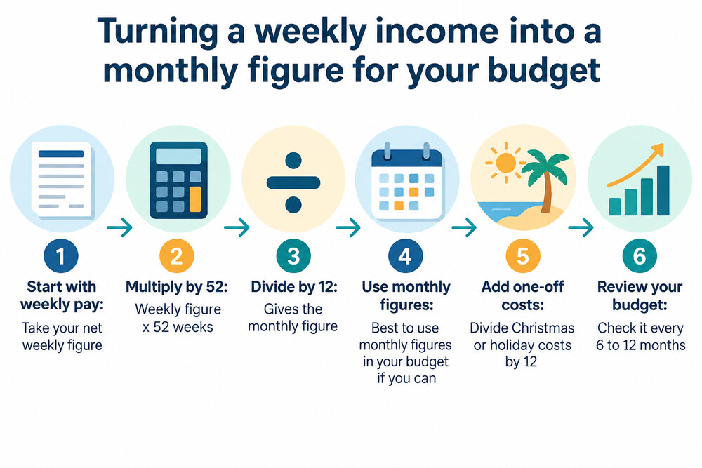 A page from a household budget showing weekly pay converted into a monthly figure