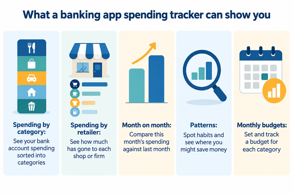 A phone screen showing a banking app that sorts spending into categories like groceries, transport and bills