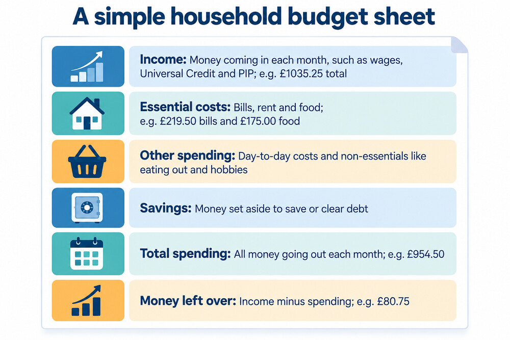 A household budget sheet listing income on one side and outgoings on the other, with a total left over at the bottom