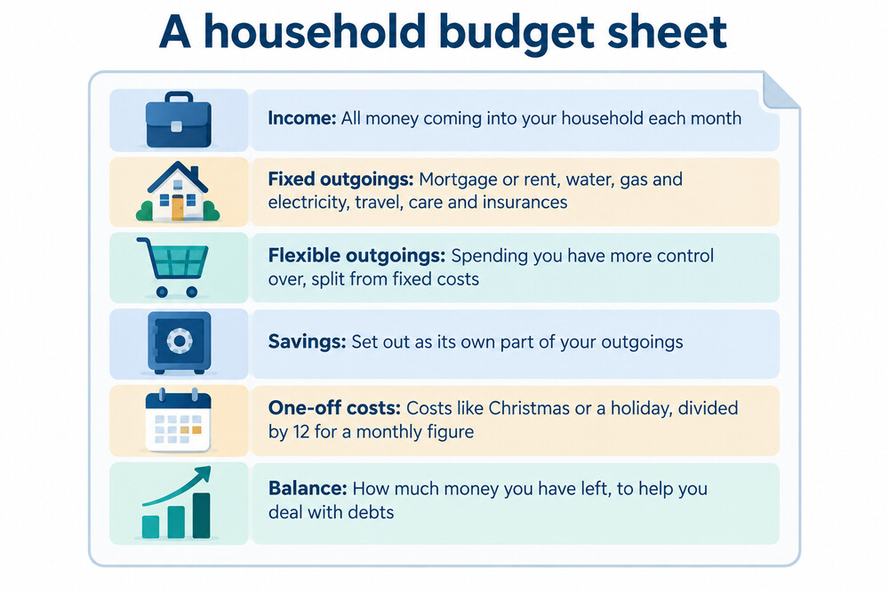 A completed household budget sheet showing income at the top and spending grouped into fixed, flexible and savings sections