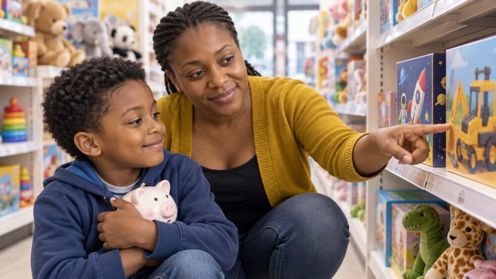 A woman crouches beside her young son at a toy shop shelf as he holds a piggy bank.