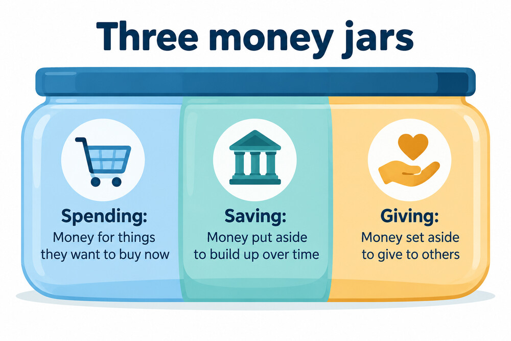 Three labelled money jars for spending, saving and giving, with coins being sorted into them