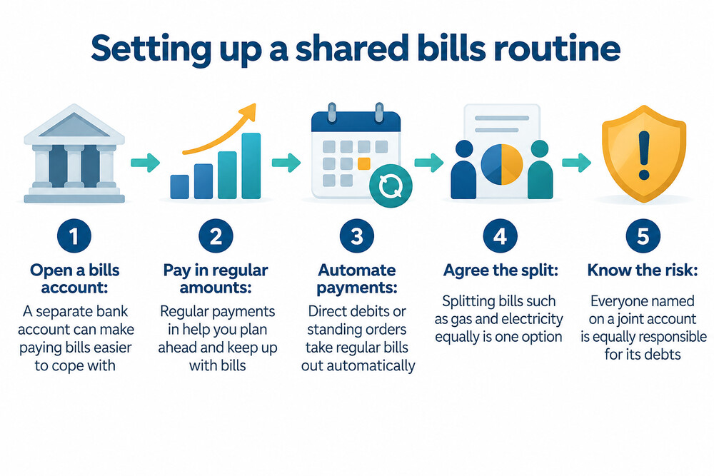 A household budget sheet listing shared bills with each partner's contribution