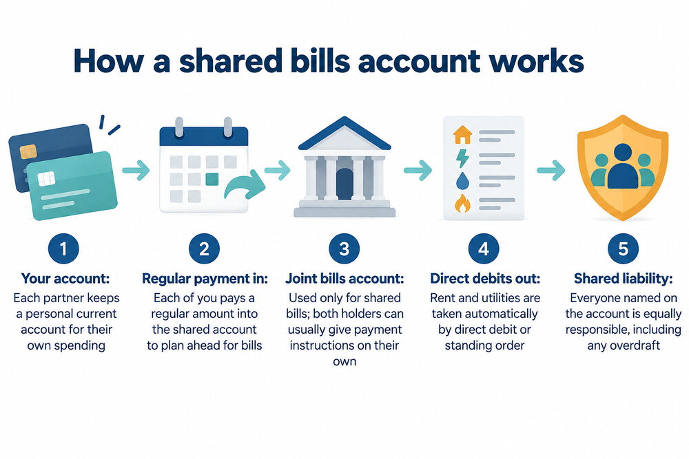 A couple at a kitchen table sorting shared bills and a bank statement into a joint account
