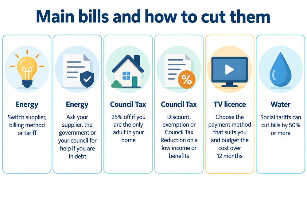 A household's regular bills laid out side by side, showing energy, Council Tax and TV licence costs