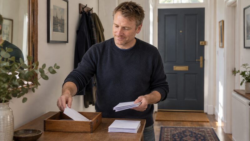 A man stands at a hall table sorting envelopes into two piles and a tray.