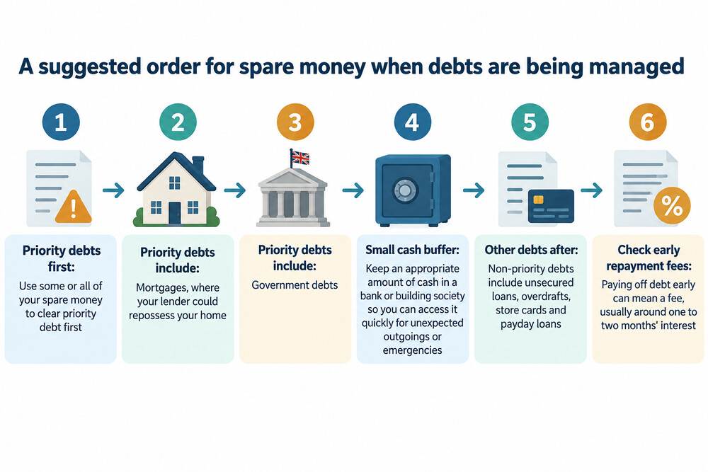 A simple diagram showing money going first to priority debts, then to a small cash buffer, then to other debts