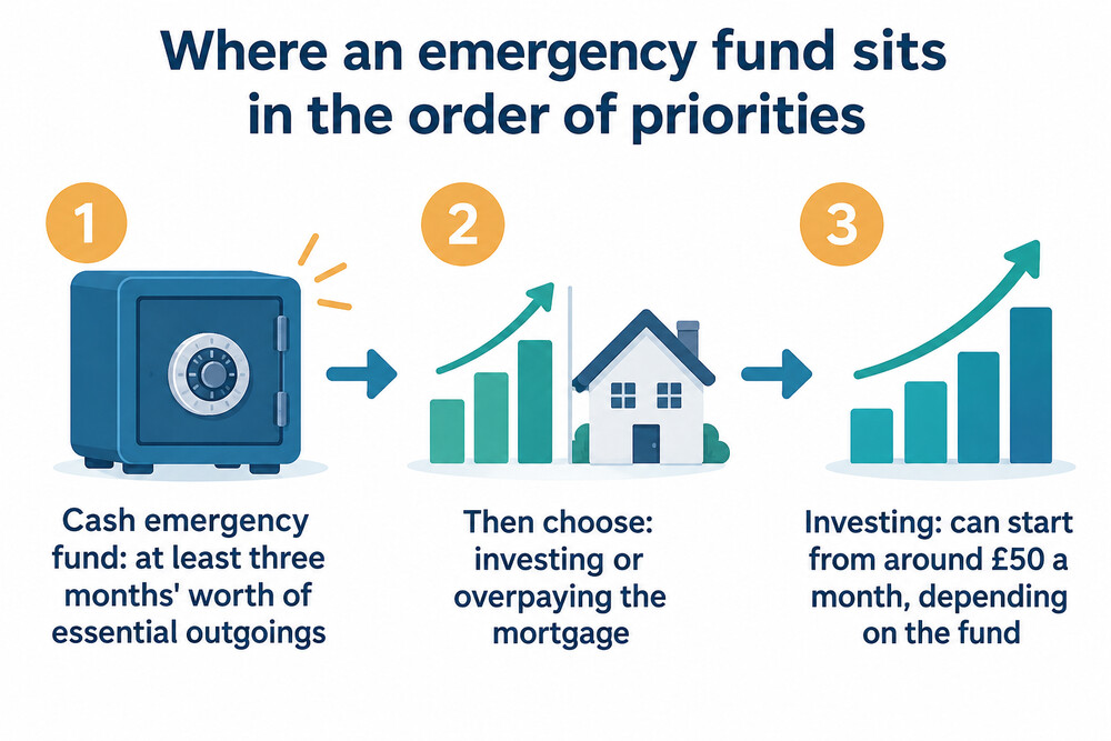 A three-step order: emergency fund, then investing or overpaying the mortgage