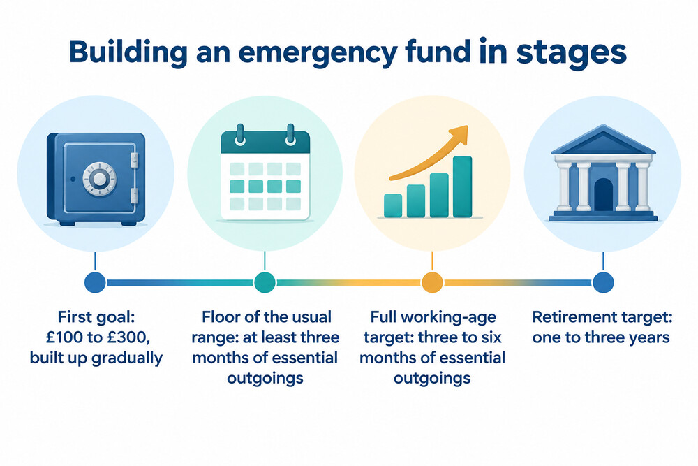 Stages of building an emergency fund from a small first goal to a full fund